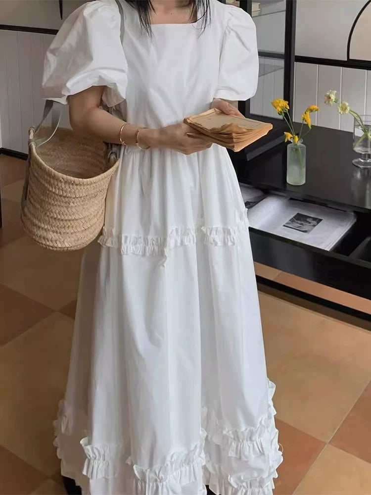 Square Neck Splicing Fungus Lace Puff Sleeve Dress