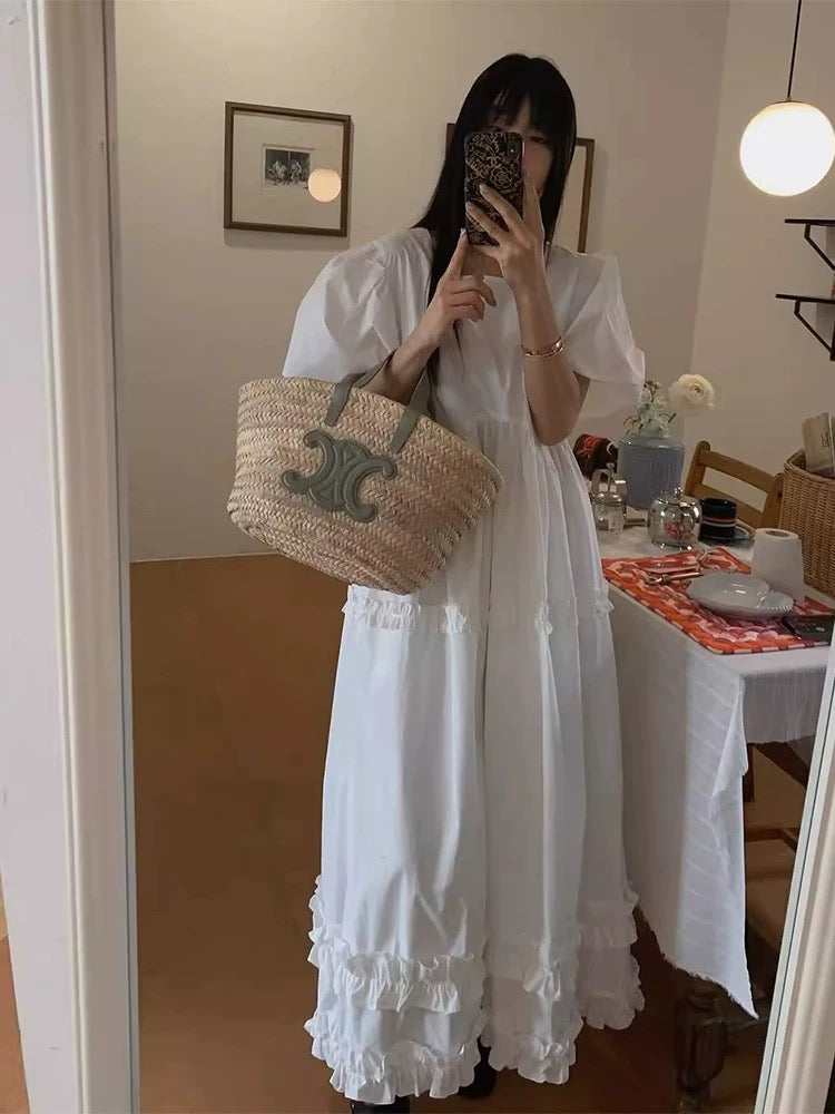 Square Neck Splicing Fungus Lace Puff Sleeve Dress