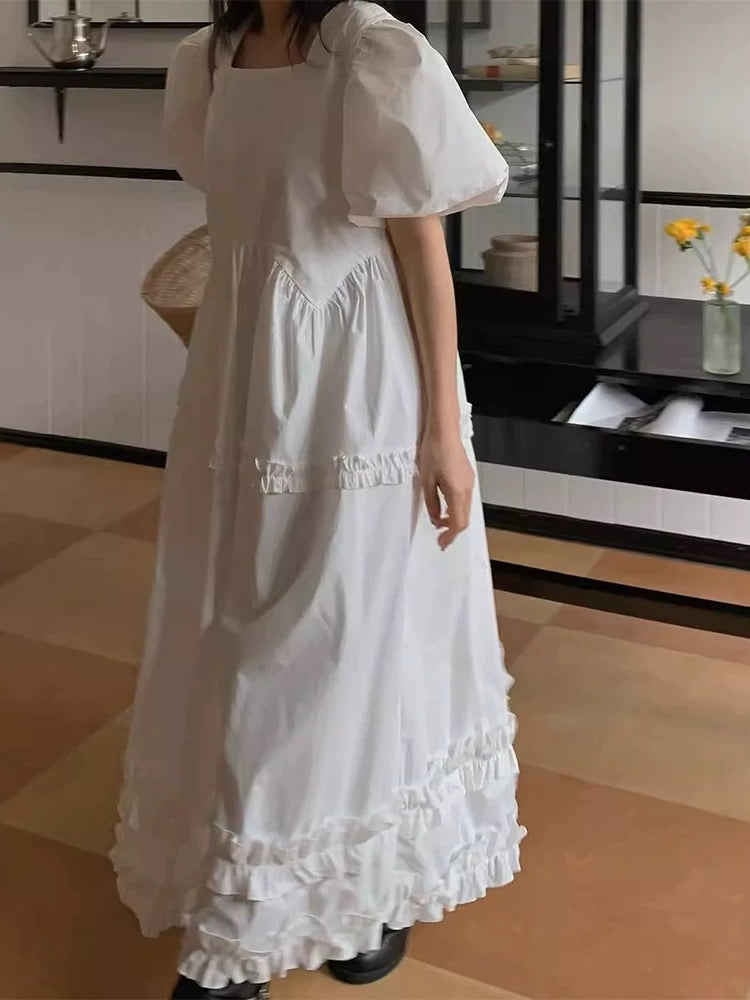 Square Neck Splicing Fungus Lace Puff Sleeve Dress