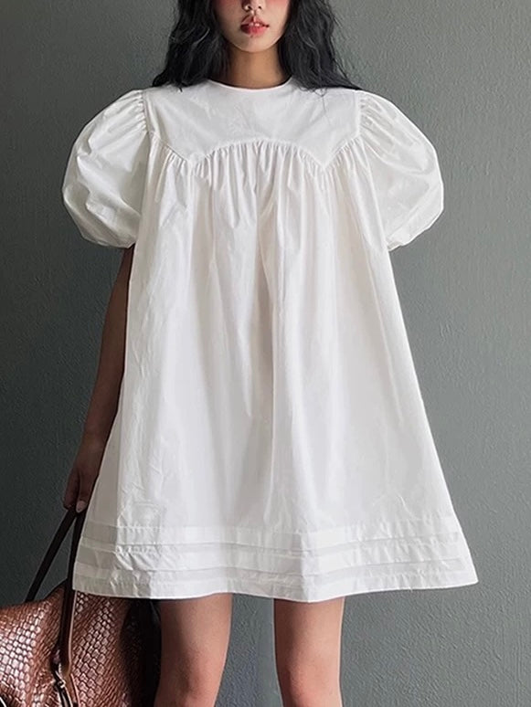 Pleated Loose Puff Sleeve Dress