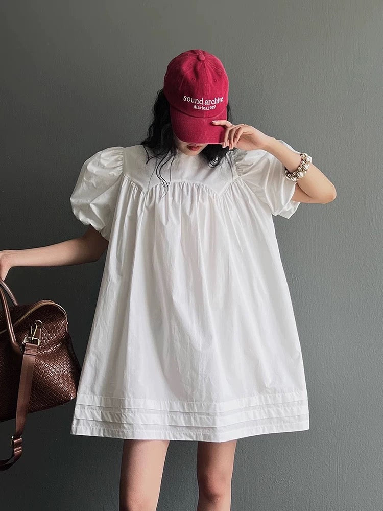 Pleated Loose Puff Sleeve Dress