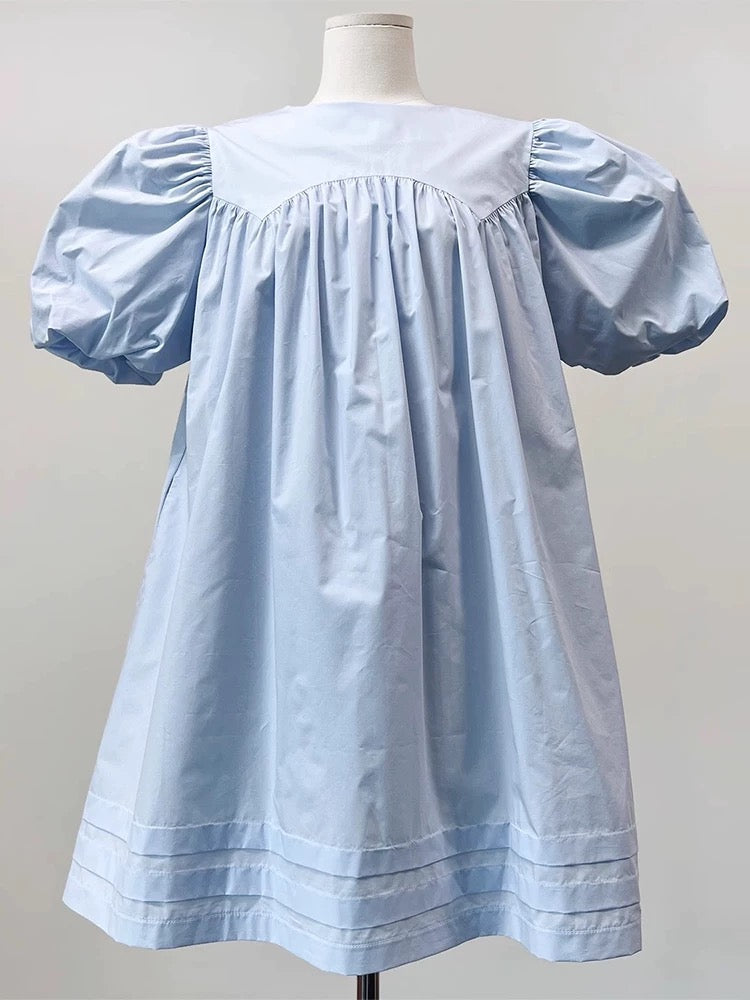 Pleated Loose Puff Sleeve Dress