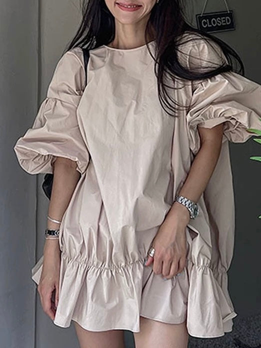 Puff Sleeve Shirred Ruffle Dress by painevida