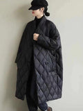 Loose Collar Plaid Mid Length Cotton Padded Jacket