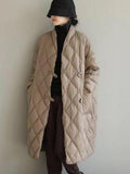 Loose Collar Plaid Mid Length Cotton Padded Jacket
