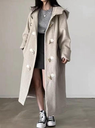 Loose Horn Button Hooded Long Woolen Coat