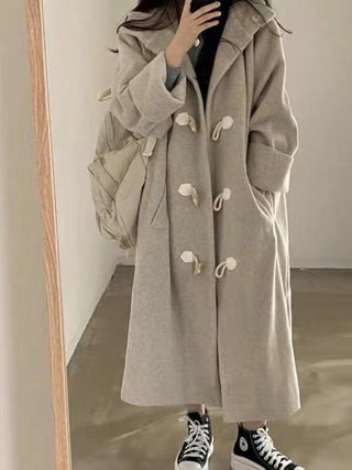 Loose Horn Button Hooded Long Woolen Coat