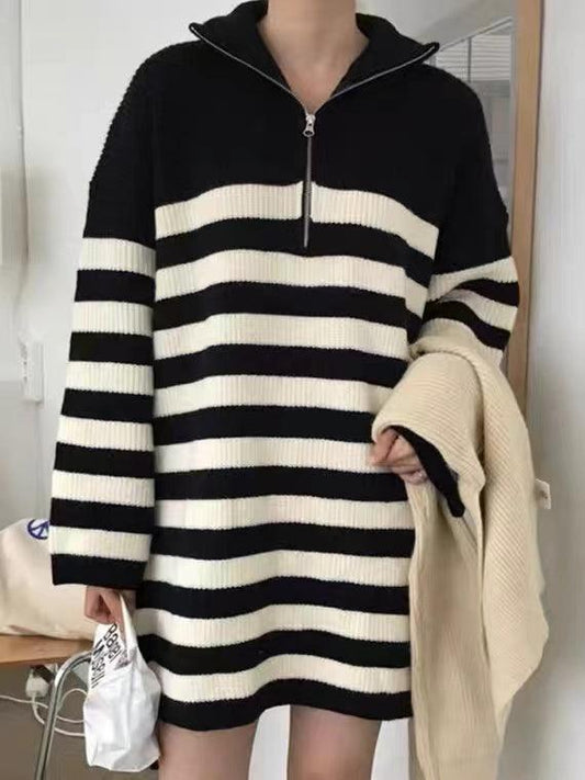 Vintage Half-Zip Striped Loose Long-Sleeve Knit Dress