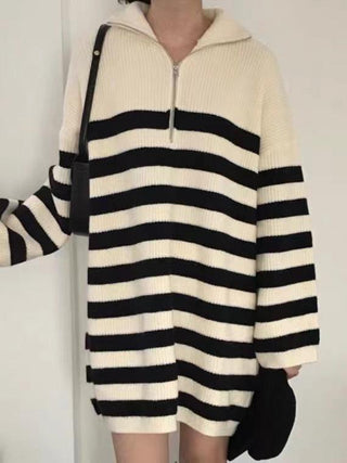 Vintage Half-Zip Striped Loose Long-Sleeve Knit Dress