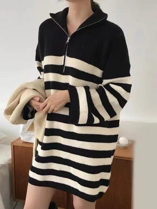 Vintage Half-Zip Striped Loose Long-Sleeve Knit Dress