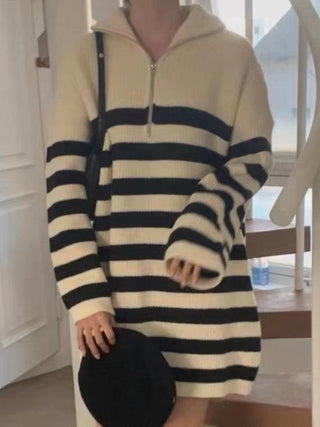 Vintage Half-Zip Striped Loose Long-Sleeve Knit Dress