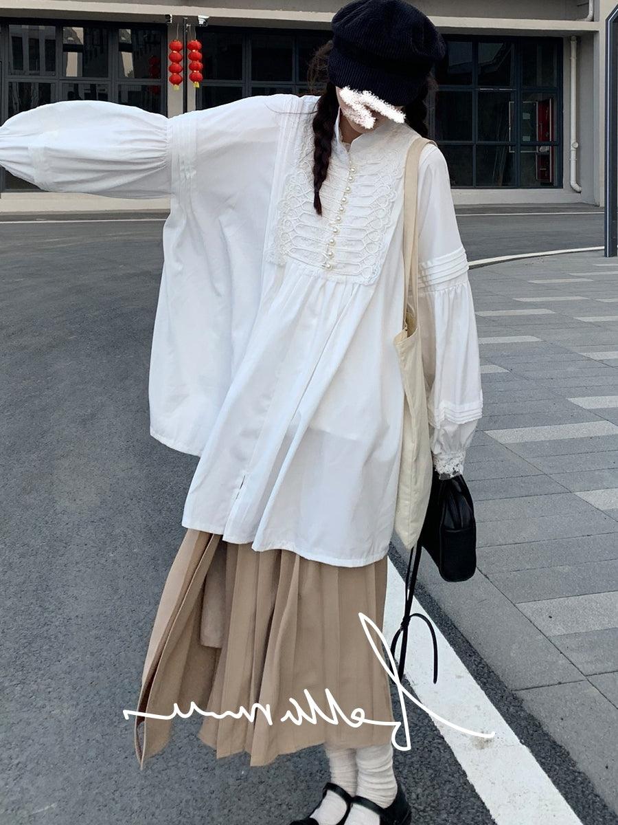 Loose Vintage Stand Collar Long Sleeve Shirt by painevida