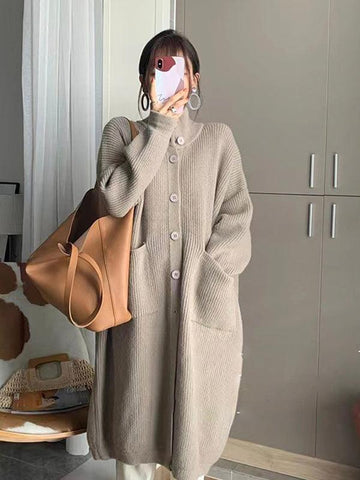 Solid Color Coat Mid Length Turtleneck Cardigan Sweater