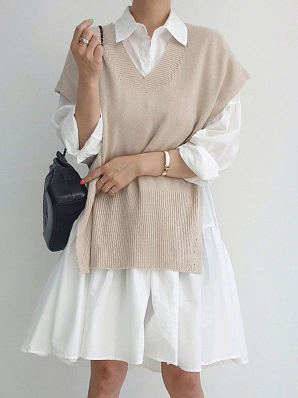 Split Knit Vest + Lapel Long Sleeve Shirt Dress by painevida