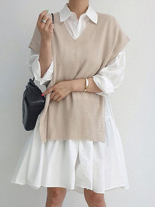 Split Knit Vest + Lapel Long Sleeve Shirt Dress