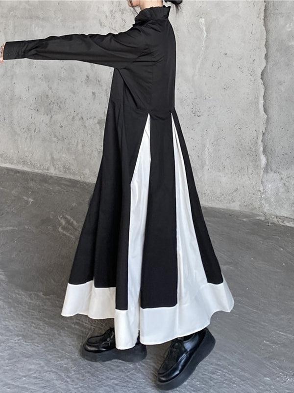Black and white stitching stand collar large swing retro dress