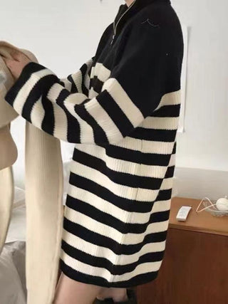 Vintage Half-Zip Striped Loose Long-Sleeve Knit Dress