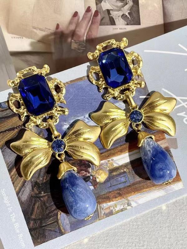 Bow Knot Rhinestone Handmade Blue Glass Earrings