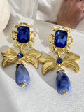 Bow Knot Rhinestone Handmade Blue Glass Earrings