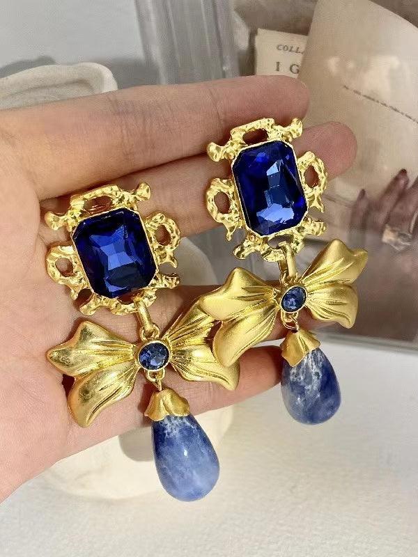 Bow Knot Rhinestone Handmade Blue Glass Earrings by painevida