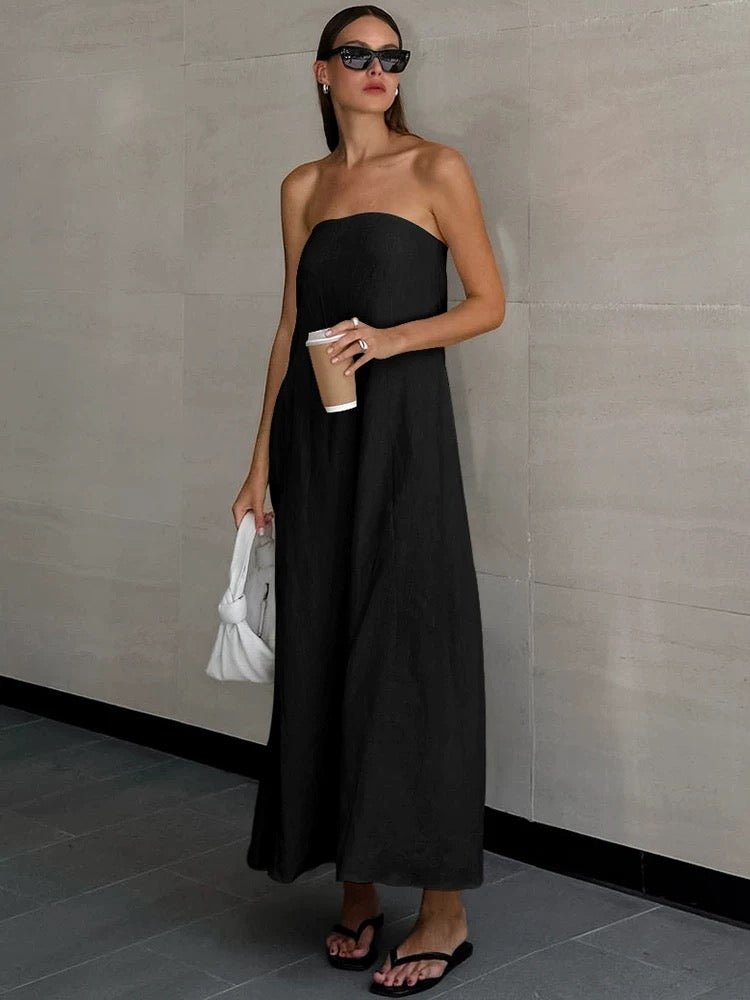 Strapless A-line Linen Long Dress