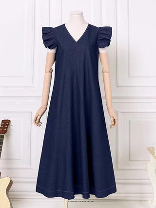 Fly-sleeve Denim Tie Back V-Neck Long Dress