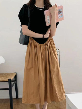 Vintage Crew Neck Puff Sleeve Irregular Pleated Dress