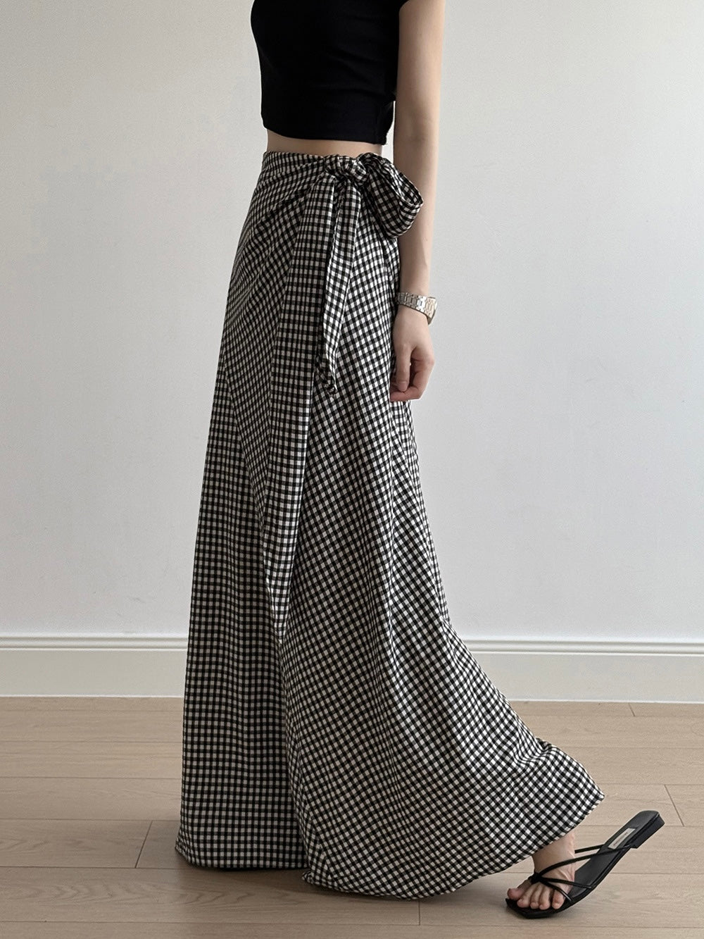 Lace-up Plaid Hip Long Skirt