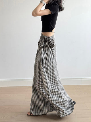 Lace-up Plaid Hip Long Skirt by painevida