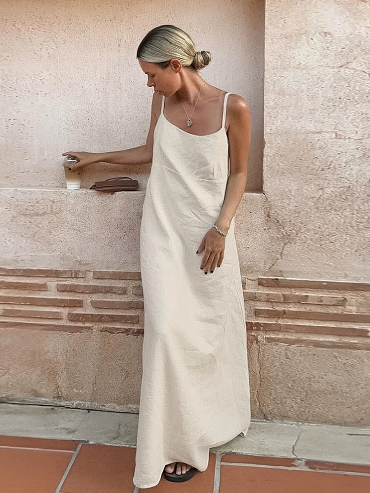 Casual Cotton And Linen Suspender Dress