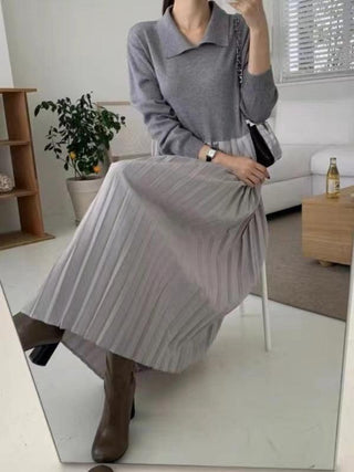 Knit Pleated Split-joint Long Dresses