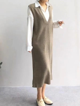 V-neck Knit Split-side Long Dress