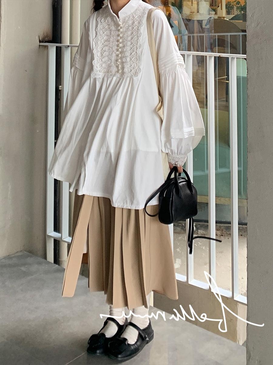 Loose Vintage Stand Collar Long Sleeve Shirt by painevida
