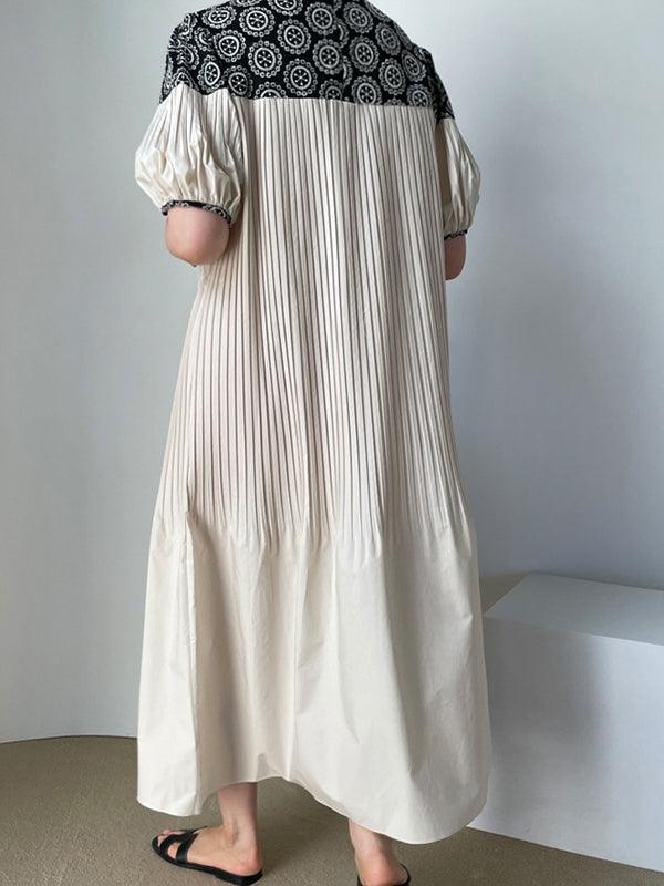 Vintage Crew Neck Heavy Embroidered Puff Sleeve Pleated Dress