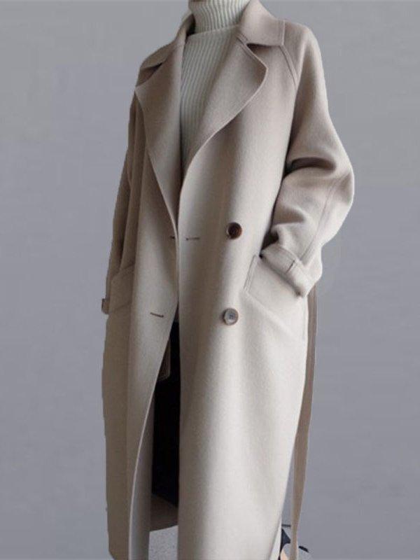 Urban Loose Solid Color Belted Woolen Coat by painevida