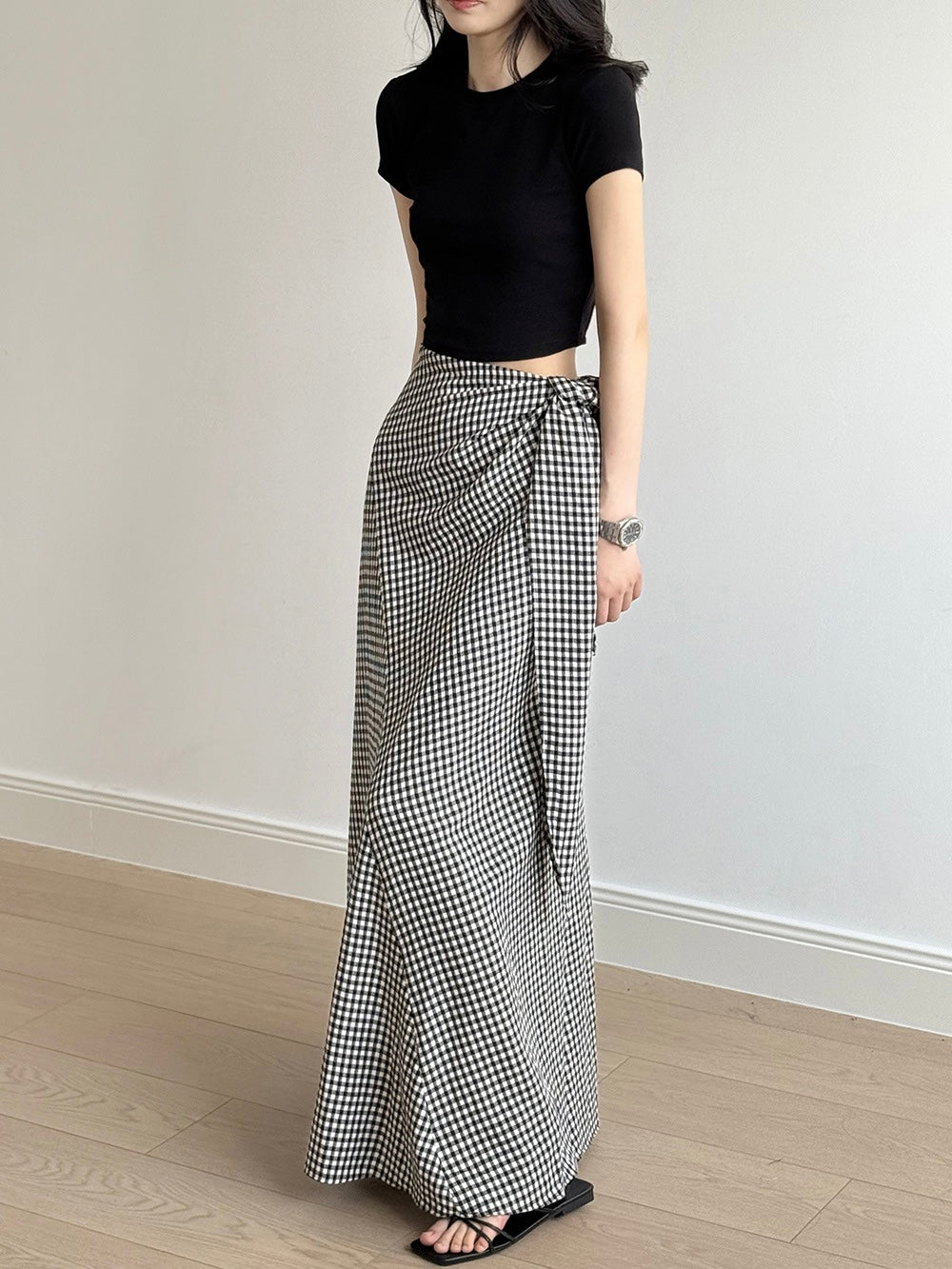 Lace-up Plaid Hip Long Skirt