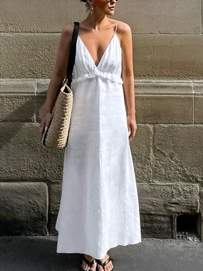 V-Neck Ruffled Suspender Dress