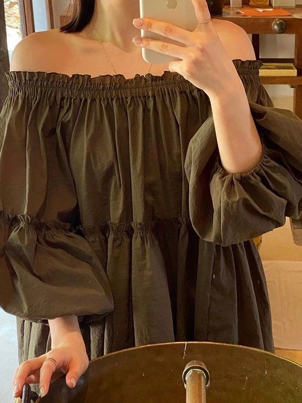Off-The-Shoulder Ruffled Lantern Sleeve Shirt by painevida
