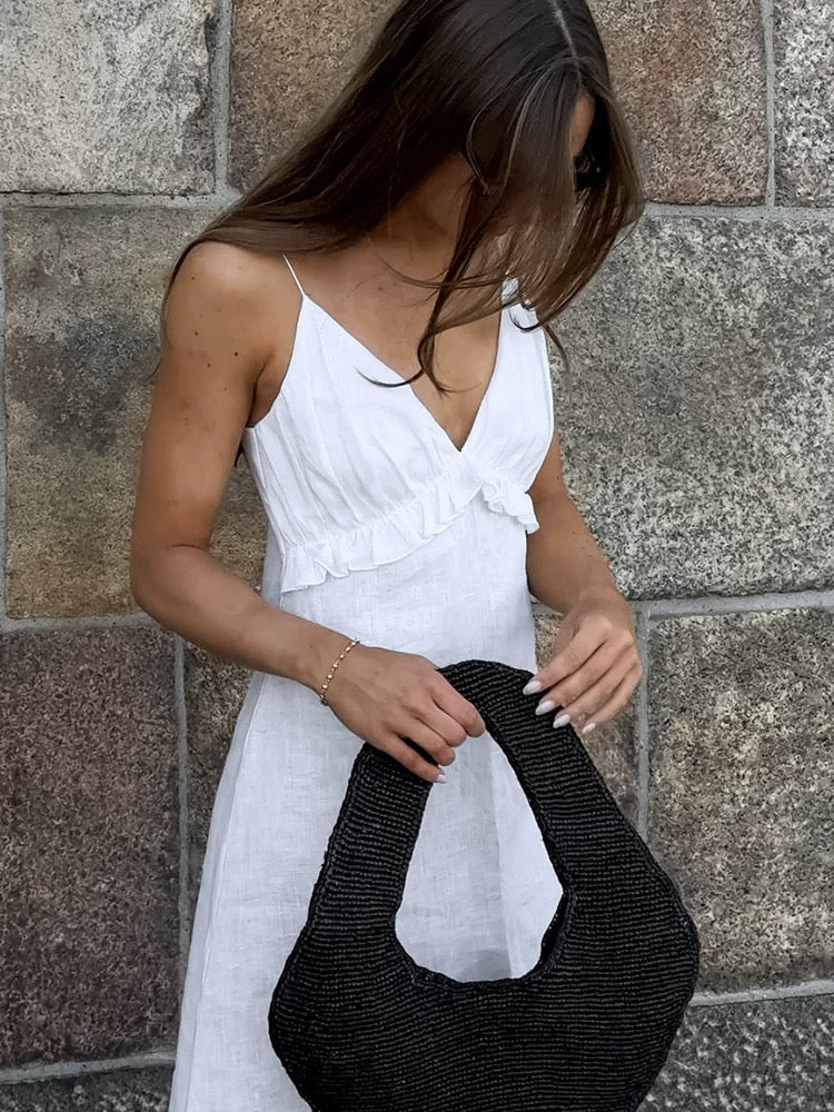 V-Neck Ruffled Suspender Dress