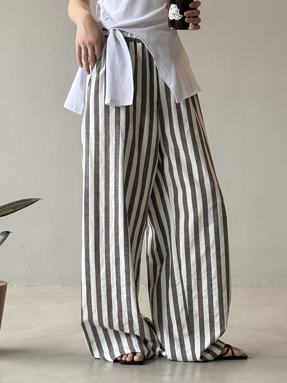 Striped Casual High Waist Wide Leg Trousers