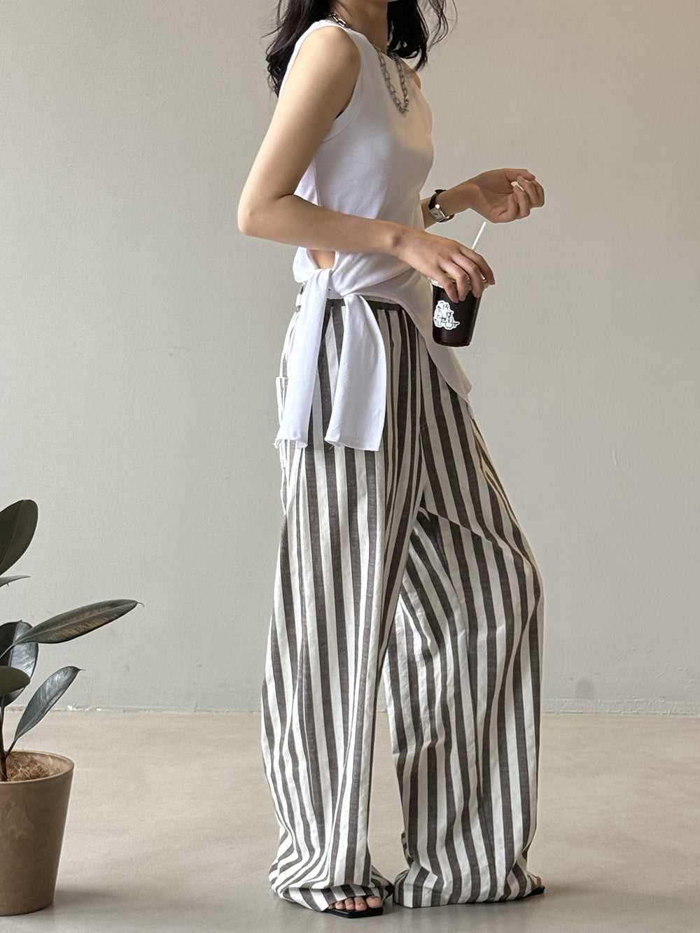 Striped Casual High Waist Wide Leg Trousers