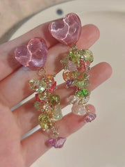 Sweet Heart Crystal Silver Long Tassel Earrings