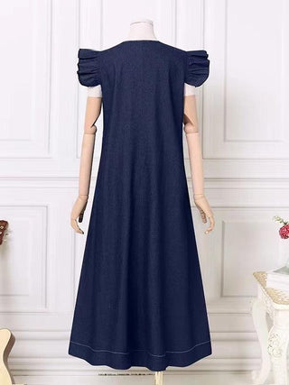 Fly-sleeve Denim Tie Back V-Neck Long Dress