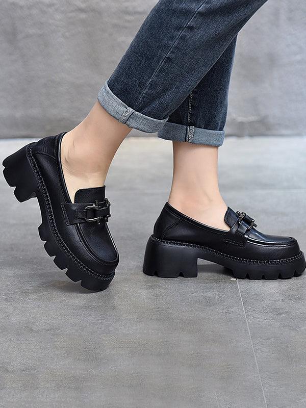 Vintage Black&Brown Solid Color Loafers Platform Shoes