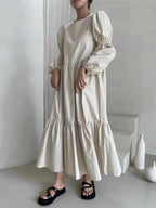 French Pleated Long Puff Sleeve Loose Long Dress
