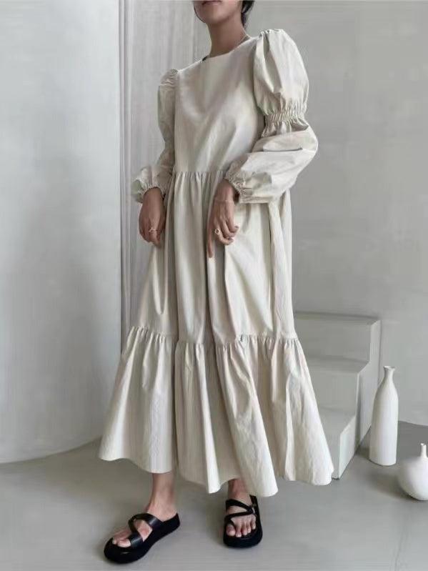 French Pleated Long Puff Sleeve Loose Long Dress