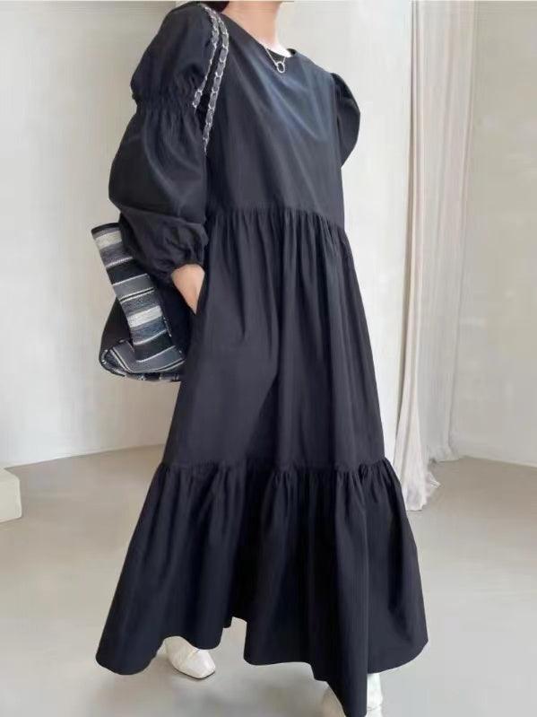 French Pleated Long Puff Sleeve Loose Long Dress