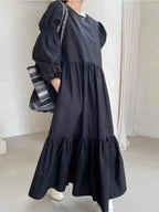 French Pleated Long Puff Sleeve Loose Long Dress