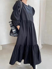 French Pleated Long Puff Sleeve Loose Long Dress