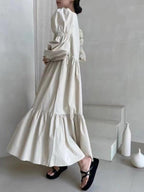 French Pleated Long Puff Sleeve Loose Long Dress
